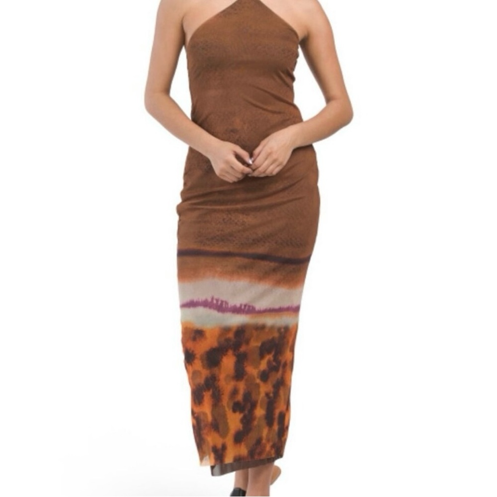 Zara Bloggers Favorite Halter Neck Open Back Tulle Maxi Dress Boho Brown Size M
